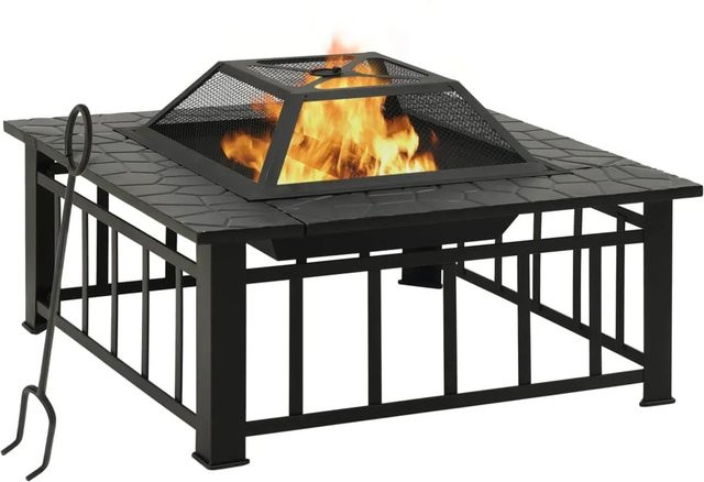 vidaXL Garten Feuerstelle aus Stahl in Schwarz mit Schürhaken und Gitterabdeckung, B/T/H: 81 x 81 x 47 cm - Bild 1