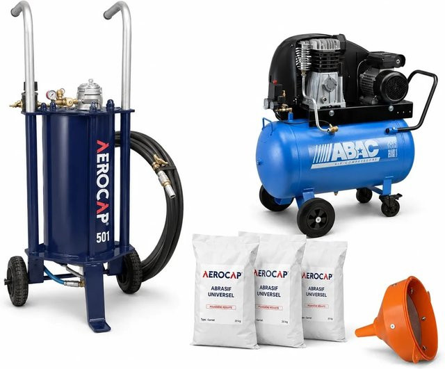 AEROCAP 501 Sandstrahl-Komplettset mit ABAC Kompressor, Strahlmittel und Siebtrichter in Blau - Bild 1