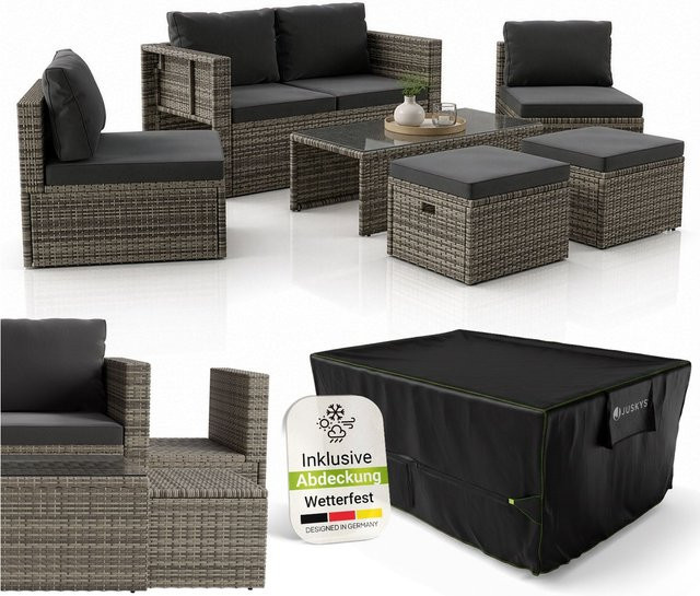 Juskys Polyrattan Gartenmöbel Set Salou Outdoor Lounge für 6 Personen inklusive Abdeckung und Kaffeetisch, wetterfest, Grau - Bild 1