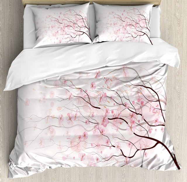 Japanische Bettwäschegarnitur JMG Household Supplies mit Sakura-Kirschblüten-Motiv, 3-teilig, Weiß, B/H: 150 x 200 cm - Bild 1