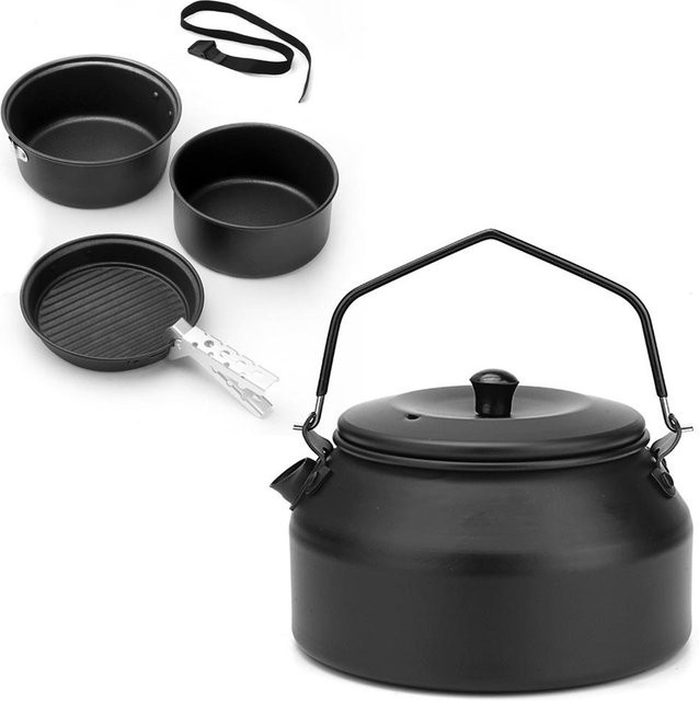 TOMTOP JMS Camping-Kochgeschirr-Set aus eloxiertem Aluminium in Schwarz mit Kochtopf, Pfanne und Wasserkocher - Bild 1