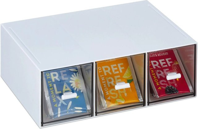 Relaxdays Tee Organizer aus Kunststoff in Weiß Transparent mit 3 Fächern, stapelbar, H: 8 cm, B: 23 cm, T: 17,5 cm - Bild 1