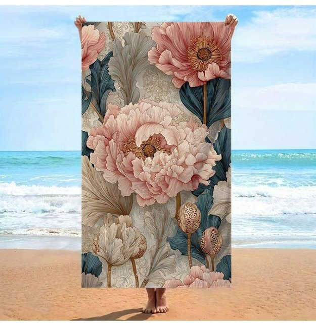 Extra großes Bade- und Strandtuch aus Mikrofaser mit floralem Pfingstrosen-Design in Rosa, Beige, Weiß und Grün, Breite: 40 cm, Höhe: 60 cm - Bild 1
