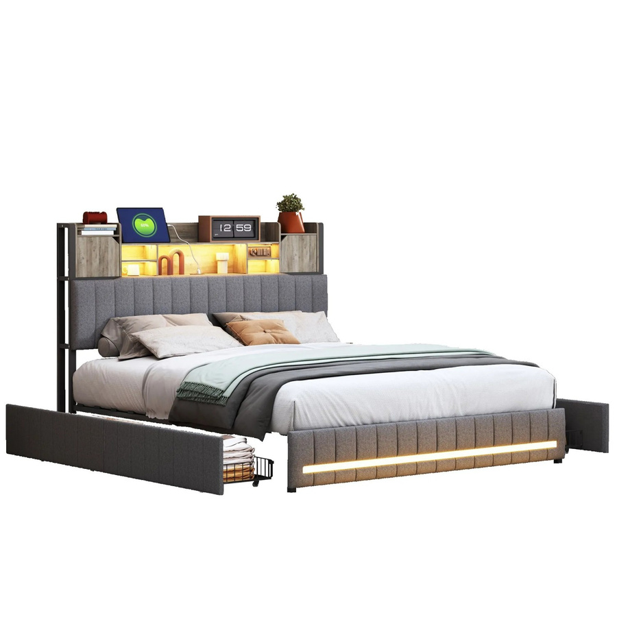 PXloue Polsterbett mit Schubladen und LED-Beleuchtung in Grau, B/T/H: 160 x 200 x 145 cm - Bild 2