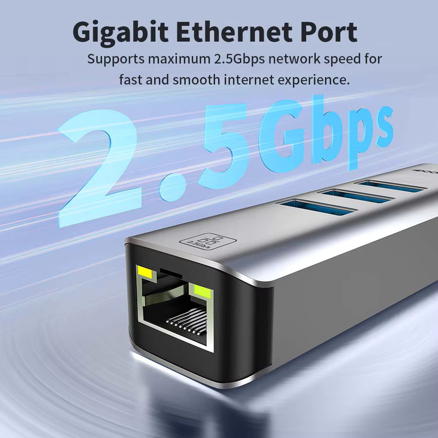 DOONJIEY 4 in 1 USB-C zu RJ45 2,5G Ethernet Adapter und USB 3.0 Hub, 2500Mbps Netzwerkkarte in Silber - Bild 2