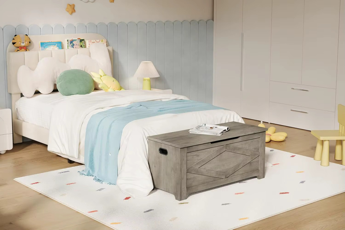 Garvee Farmhouse Holz-Aufbewahrungsbank mit Scharnieren in Grau, rustikaler Mehrzweck-Organizer für Flur, Schlafzimmer oder Wohnzimmer - Bild 2