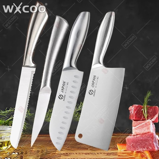 WXCOO Edelstahl Küchenmesser-Set in Silber mit Brotmesser, 7-Zoll-Santoku-Messer, Fleischbeil und Ausbeinmesser - Bild 1