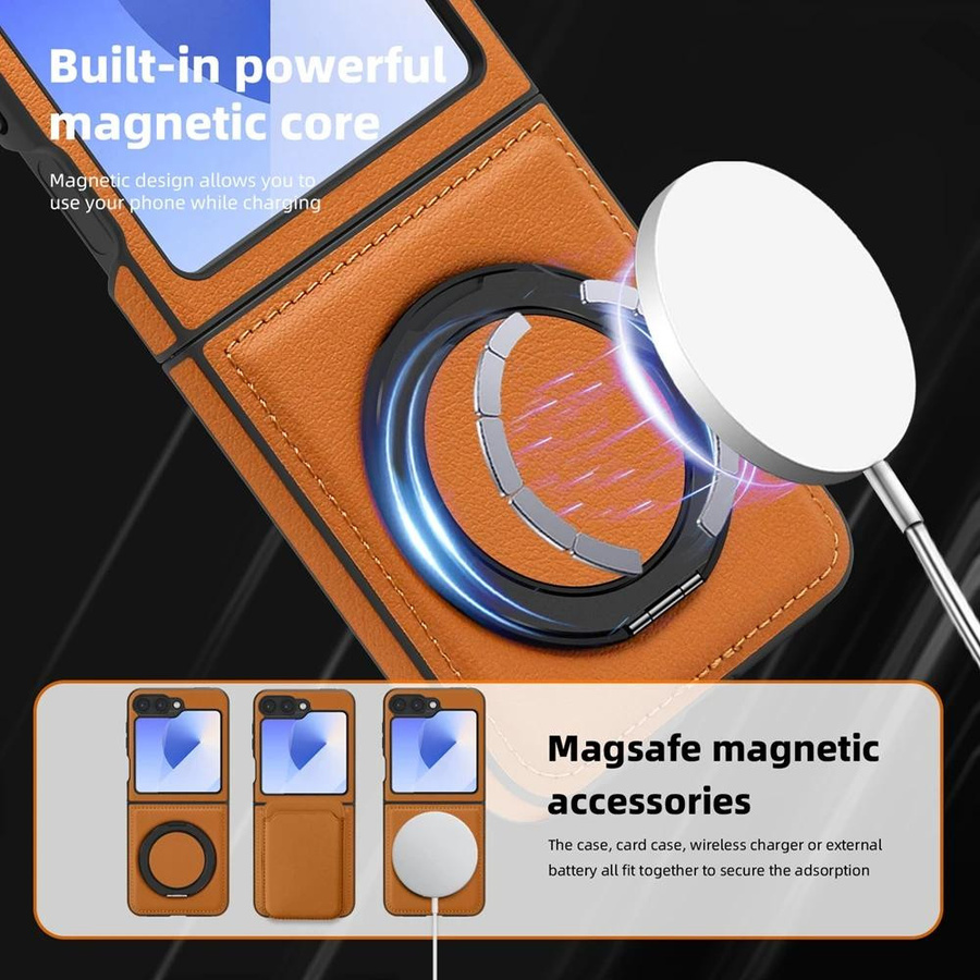 Stoßfeste Lederhülle mit 360° Ringhalter als Klapphülle für Samsung Galaxy Z Flip 5, 6 und 7 in Braun - Bild 1