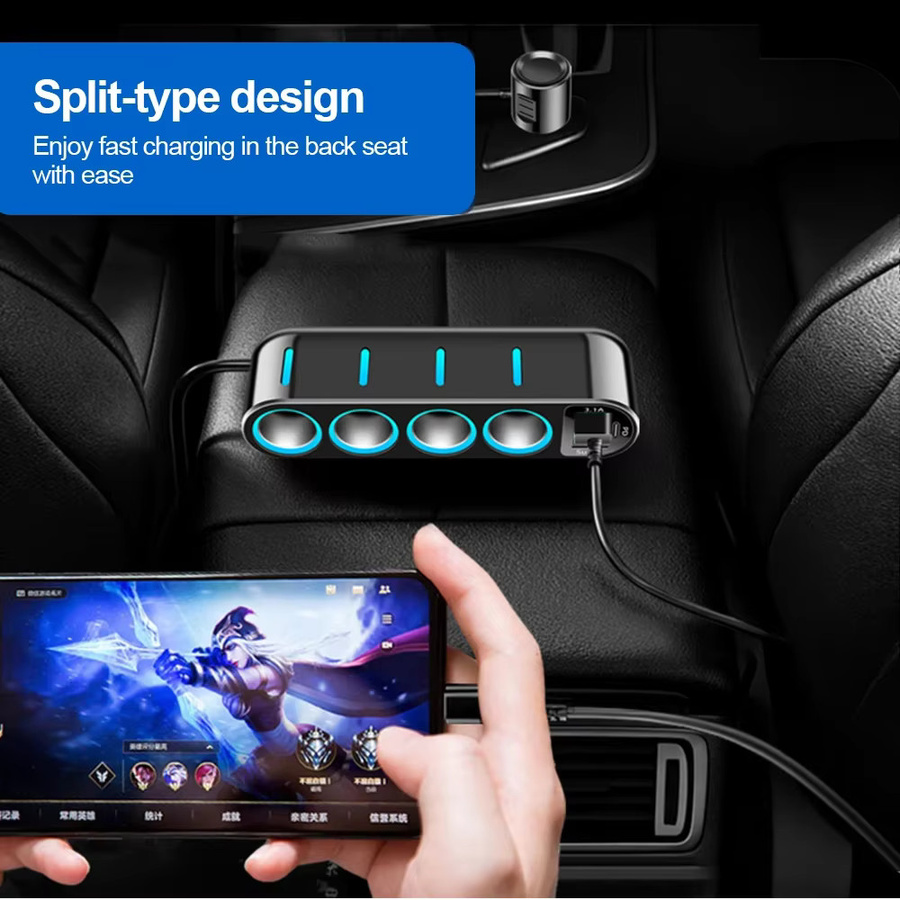 kebidumei 7-in-1 Auto-Schnellladegerät Adapter für 12-24V mit Vierfach-Zigarettenanzünder und Dual USB PD 66W in Schwarz - Bild 3