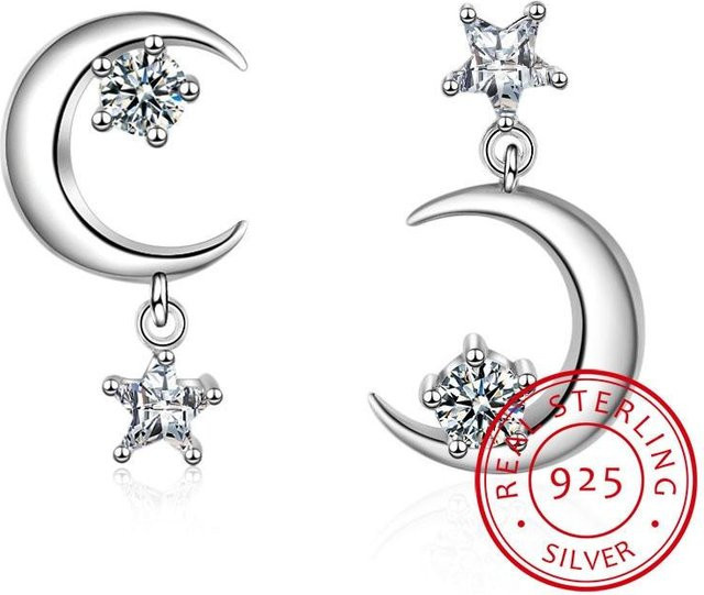 Ohrringe 925 Sterling Silber, Zirkonia, Stern Mond, Asymmetrische Quastenohrringe, Damen - Bild 1