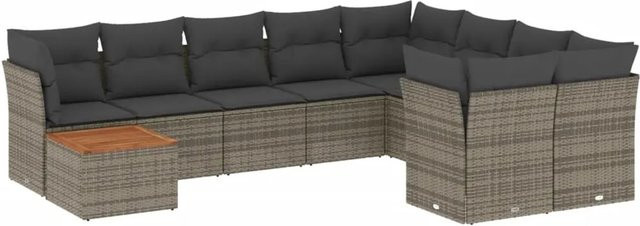 vidaXL 10-tlg Garten-Sofagarnitur aus Poly Rattan und Akazienholz in Grau mit Kissen - Bild 1