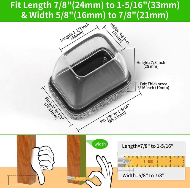 FLOOR GUARD Silikon-Stuhlbeinkappen mit Filz-Fußabdeckung, rechteckig, 8 Stück, Breite: 22–32 mm - Bild 1