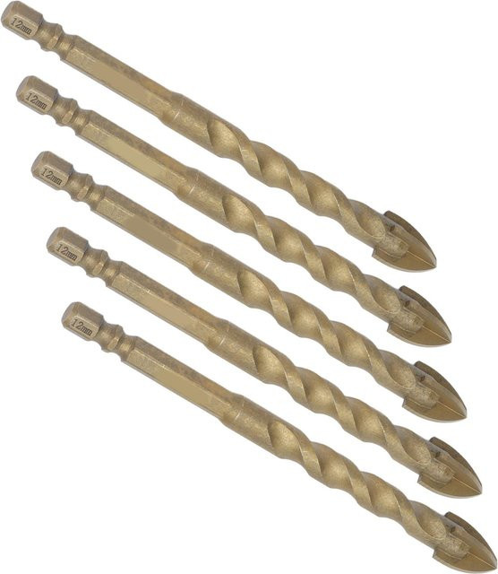 TOMTOP 5er Set Kreuz-Speerspitzenbohrer aus Hartmetall mit 1/4-Zoll Sechskantschaft für Glas, Keramik und Marmor, Farbe: Gold, Durchmesser: 12 mm - Bild 1