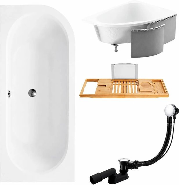 KOLMAN Eckbadewanne aus Acryl in Weiß mit Styroporverkleidung, Bambus-Badewannenablage und Füßen, linksseitig, B: 160 cm, T: 75 cm - Bild 1