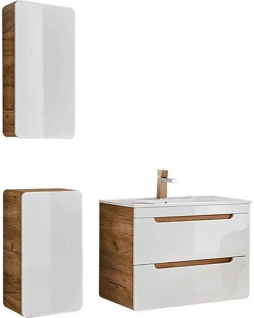 Vente-unique Badmöbel-Set Aruba in Naturfarben Hell und Weiß mit Waschbeckenunterschrank, Einzelwaschbecken und Badezimmersäule, Breite: 80 cm - Bild 1
