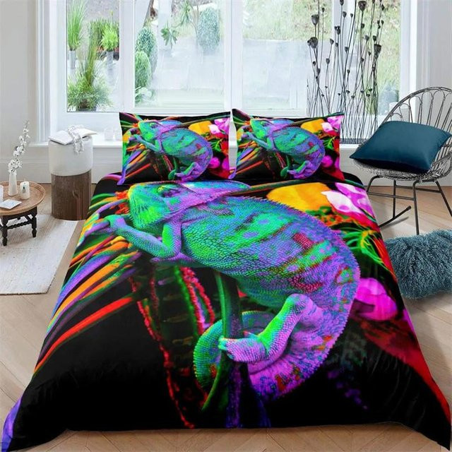 Lodestar Bettwäsche-Set mit Echsen und tropischem Floral-Design, Lila/Mehrfarbig, 3-teilig, B/H: 264 x 228 cm - Bild 1