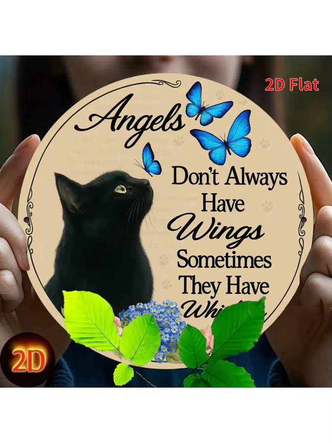 Rundes Metallschild Potdemiel Vintage Angel Cat mit blauen Schmetterlingen und floralem Design in Multicolour, Durchmesser: 20,0 cm - Bild 4