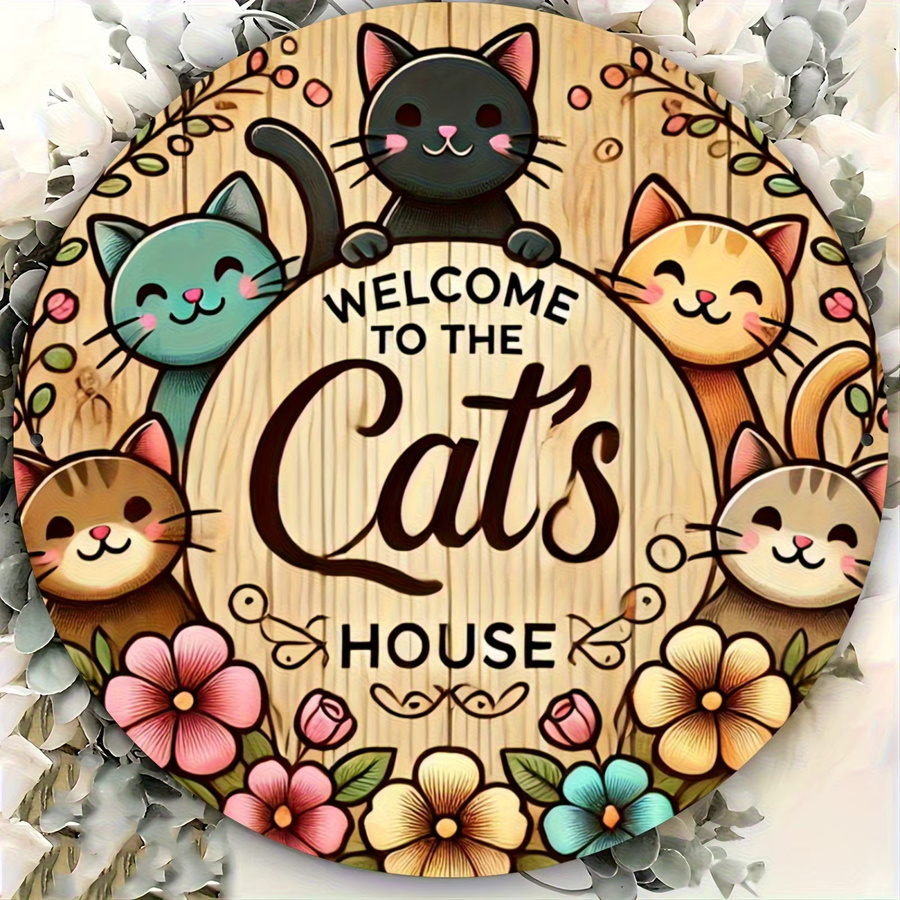 Potdemiel Wanddekoration Katzenhaus rundes Metallschild mit Cartoon-Katze und Typografie, Durchmesser: 19,99 cm, Mehrfarbig - Bild 2