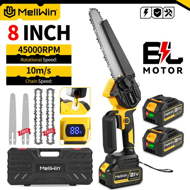 MELLWIN Bürstenlose 8-Zoll-Elektrokettensäge mit automatischer Ölschmierung in Gelb, Gartensäge und Holzsäge kompatibel mit Makita 18V Akku LXT - Bild 1