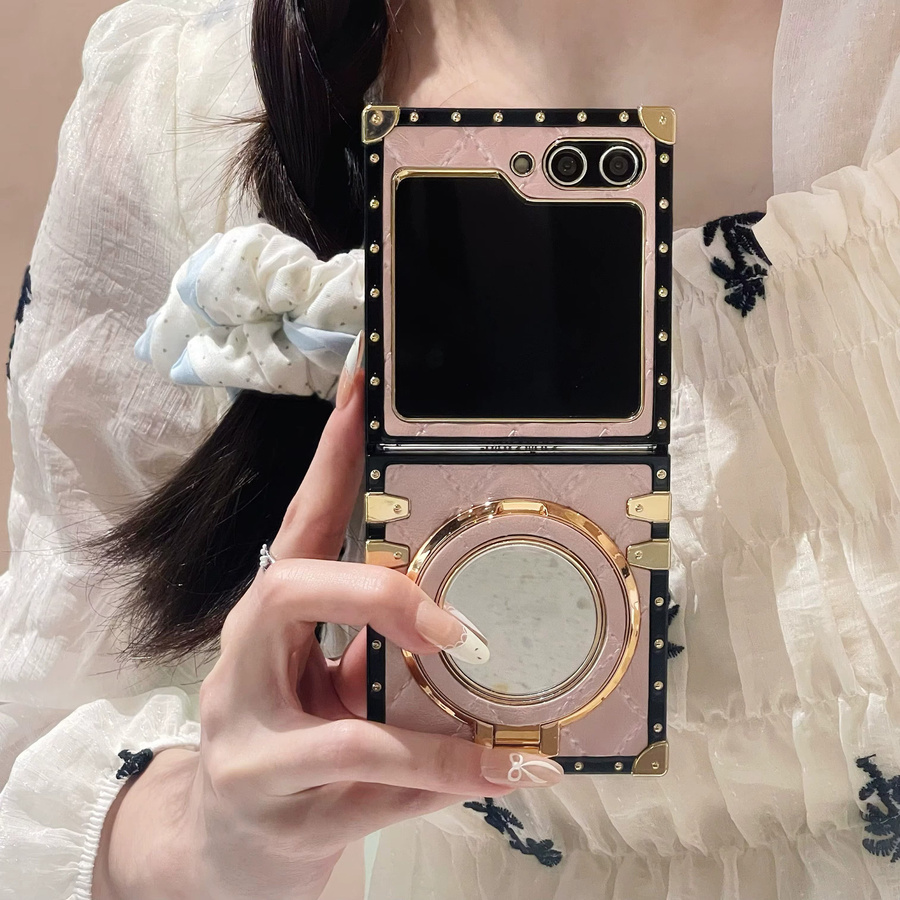 Samsung Galaxy Z Flip7 Handyhülle mit Make-up-Spiegelhalter und Gridding Stand für kabelloses Laden in Grau - Bild 2