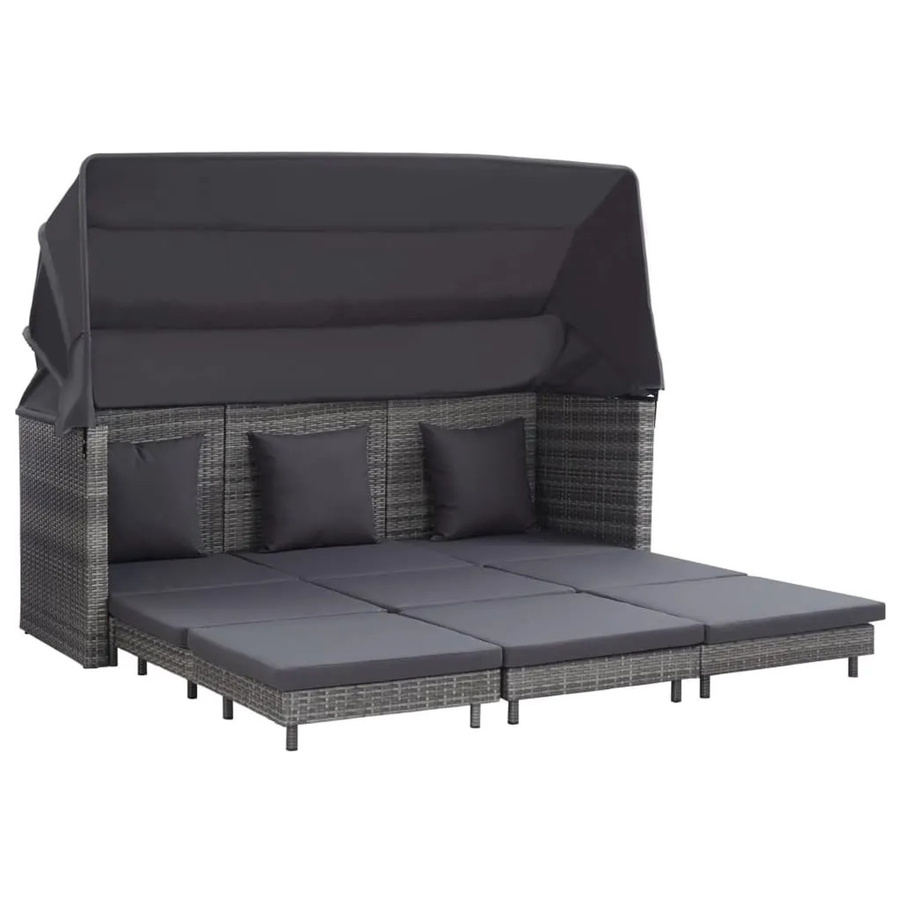 vidaXL Ausziehbares 3-Sitzer-Schlafsofa mit Baldachin aus Polyrattan und Metallgestell in Grau - Bild 2
