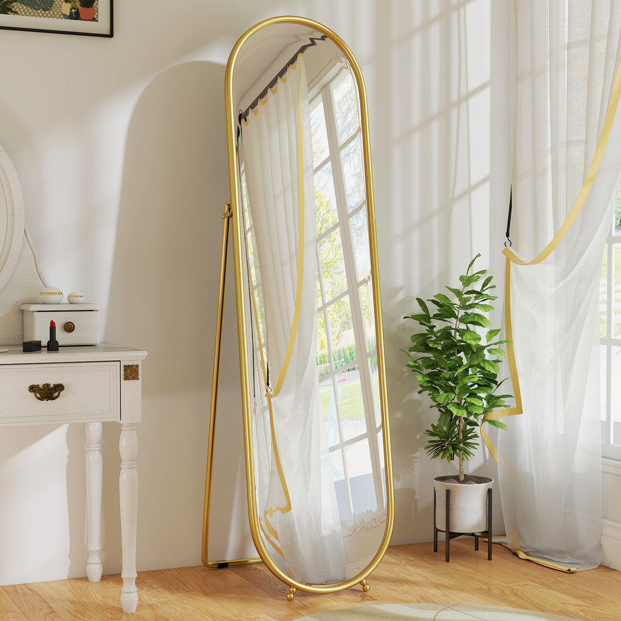 HOMCOM Ganzkörperspiegel Oval mit Ständer und Metallrahmen in Gold, Höhe: 180 cm, Breite: 50 cm - Bild 2