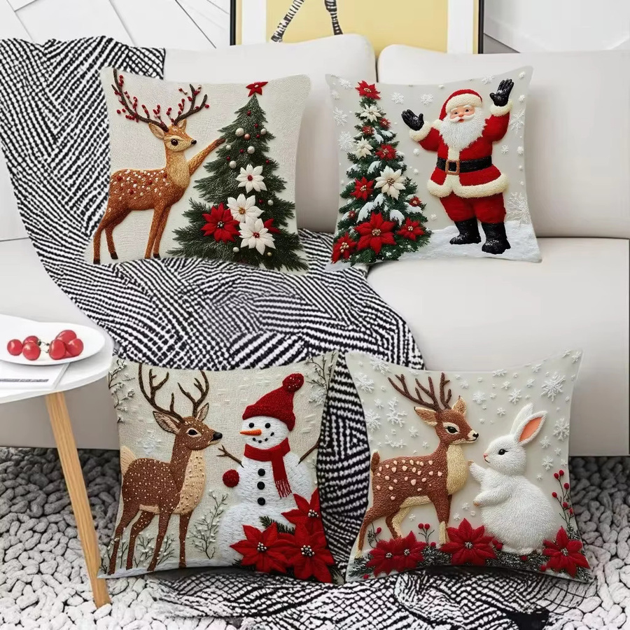 Cartoon-Weihnachtskissenbezug mit Elch, Weihnachtsmann und Schneemann, Mehrfarbig, B/H: 45 x 45 cm - Bild 4