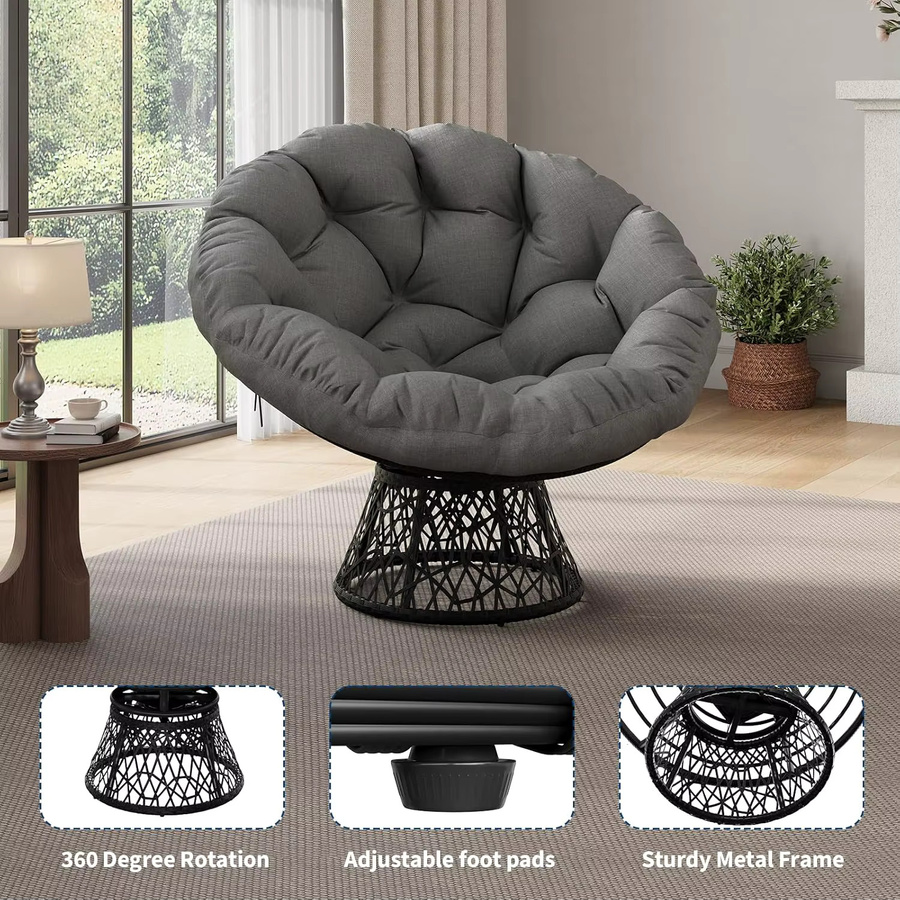 HiMISS Ergonomischer Papasan-Stuhl aus Korbgeflecht mit weichem Stoffkissen und 360 Grad drehbarer Basis, Grau - Bild 2