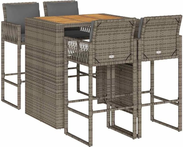 vidaXL 5-teiliges Gartenbar-Set aus Poly-Rattan und Akazienholz in Grau mit Kissen - Bild 1