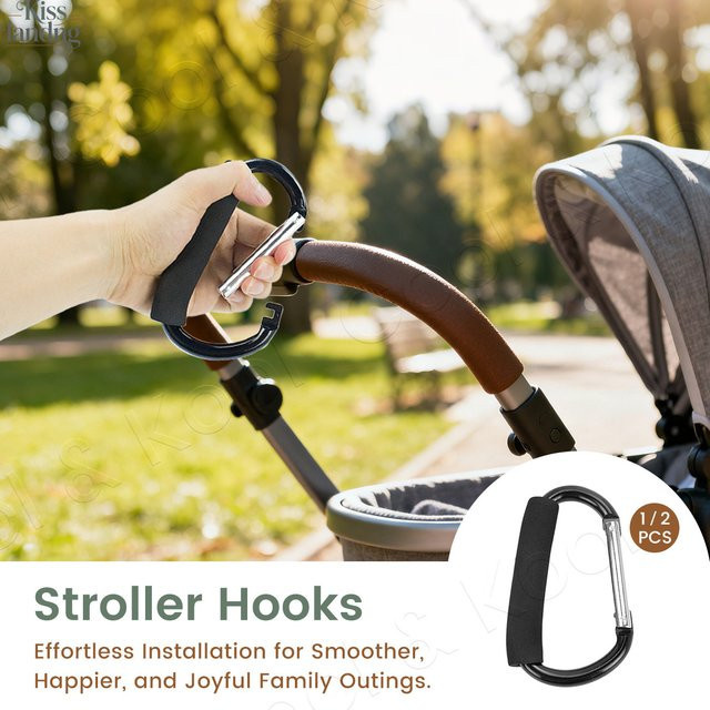 Kisslanding Karabiner Kinderwagen-Haken Organizer aus Aluminium mit Federschnappverschluss in Schwarz oder Silber - Bild 1