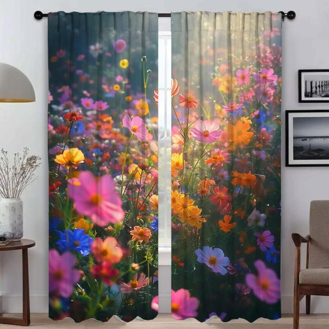 Wildblumen-Fenstervorhang mit floralem Design, 2 Paneele, halbtransparent, Mehrfarbig, B: 50 cm, H: 70 cm - Bild 1