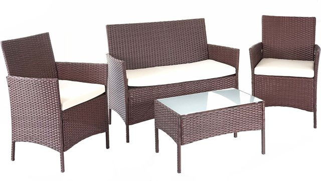 MCW Poly-Rattan Lounge-Set Garten-Garnitur 4-teilig, braun-meliert mit Kissen in Beige - Bild 1