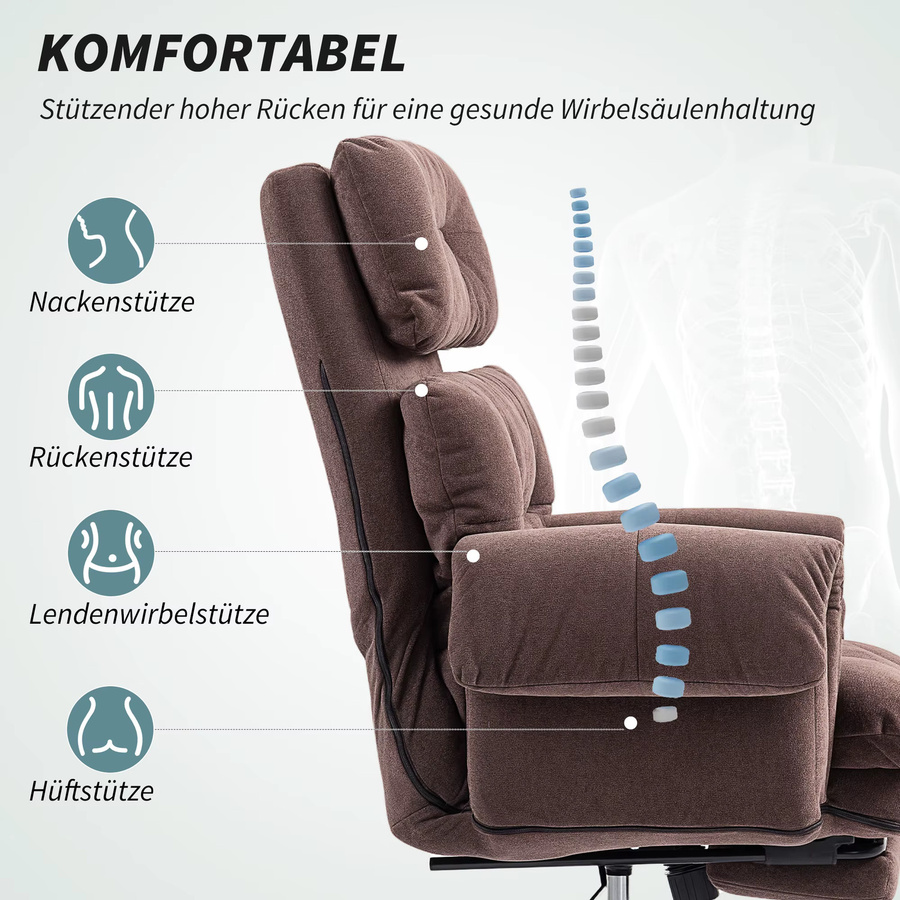 HOMCOM Ergonomischer Bürostuhl mit Samt-Optik in Braun, Höhenverstellbarer Schreibtischstuhl mit Armlehnen und Fußstütze für dein Home-Office - Bild 4