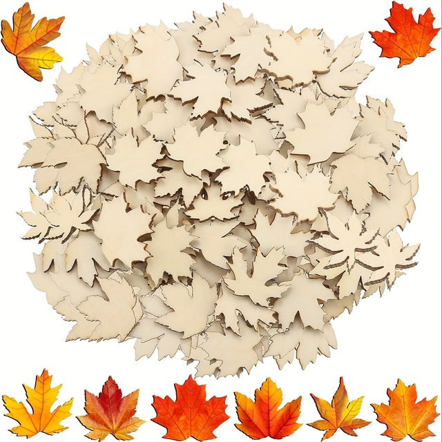 80 Stück Mini Holz Ahornblatt Scheiben in Beige für DIY Dekorationen und Thanksgiving-Partys - Bild 1