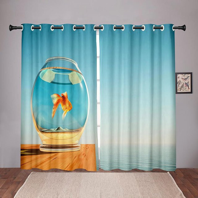Yiran Furniture Vorhänge mit Ozean- und Goldfisch-Motiv in Schachbrett-Optik, transparent, Polyester, 2 Stück, B: 50 cm, H: 130 cm - Bild 1