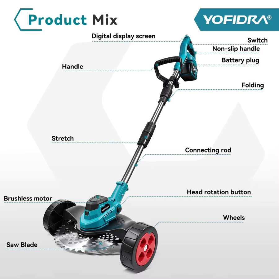 YOFIDRA Bürstenloser 9-Zoll Elektro-Rasenmäher mit 60000 U/min als kabelloser Rasentrimmer für Makita 21V Akku - Bild 2