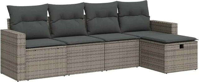 vidaXL 5-tlg. Garten-Sofagarnitur in L-Form mit Kissen und Ottoman, Grau, Poly Rattan und Metallrahmen - Bild 1