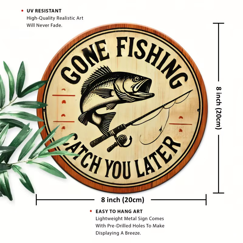 Potdemiel Retro Wandkunstschild aus Metall Gone Fishing Catch You Later Multicolor B/H: 20,32 x 20,32 cm - Bild 2