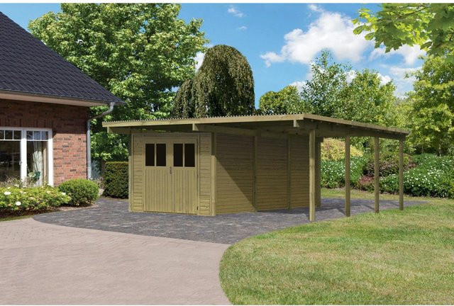 Karibu Doppelcarport Eco 2 mit Abstellraum und Flachdach aus Nadelholz in Braun, B: 268 cm, T: 576 cm - Bild 1