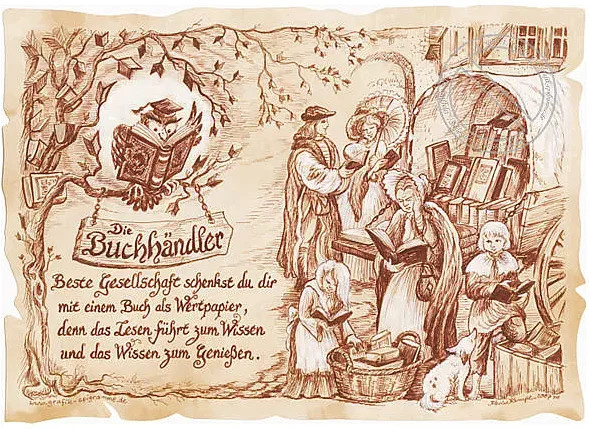 Zunftbild Buchhändler als Vintage Paper Poster auf Antikpapier in Braun, Schwarz und Multicolour, A4 Format - Bild 1