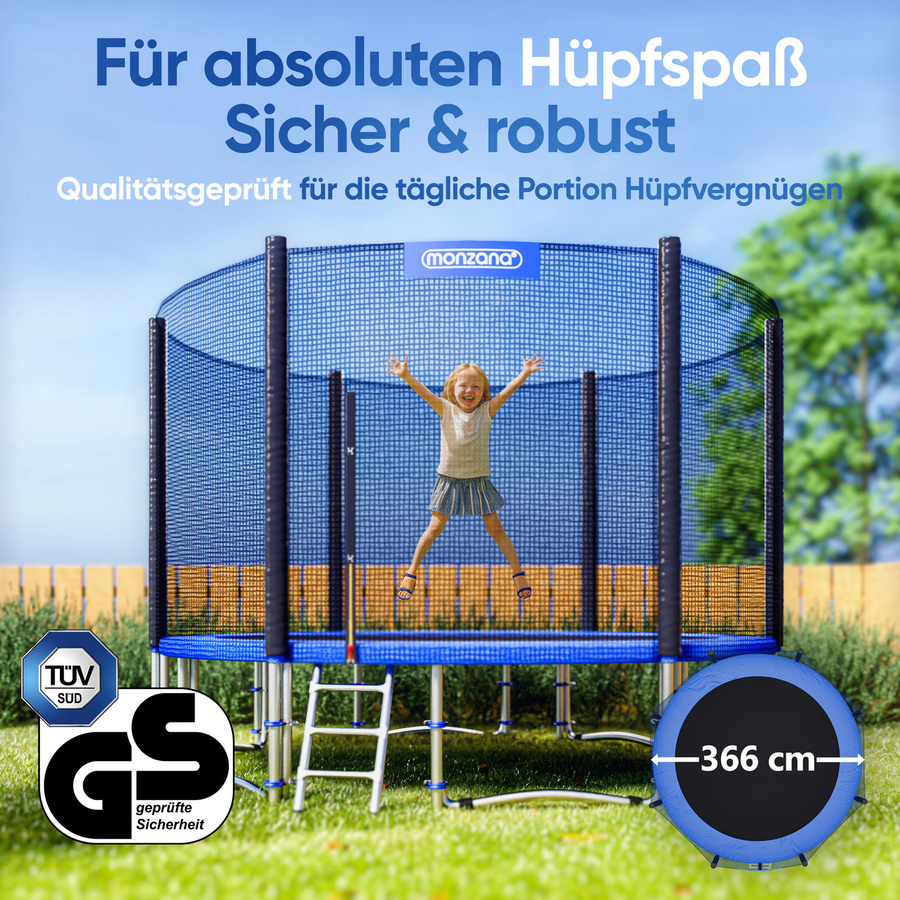 MONZANA Trampolin Ø366cm mit Sicherheitsnetz TÜV SÜD GS Blau - Bild 2