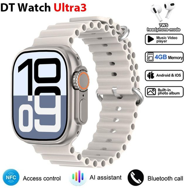 DT Ultra 3 Smartwatch mit Amoled Bildschirm, 4GB MP3 MP4 Player, Bluetooth, ChatGPT Smart AI Funktion und Silikonarmband in Silber - Bild 1