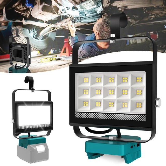 T-SUNRISE Tragbares 60-W LED-Arbeitslicht in Schwarz mit 6000 Lumen, verstellbarer Basis und Haken, wiederaufladbares LED-Flutlicht für Makita 18V-20V Li-Ionen-Akkus - Bild 1