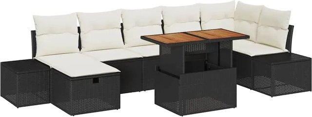 vidaXL Garten-Sofa-Set aus Polyrattan in Schwarz mit Kissen und Beistelltisch, 8-teiliges L-Shape Lounge-Set für Terrasse und Garten mit beigefarbenen Auflagen - Bild 1