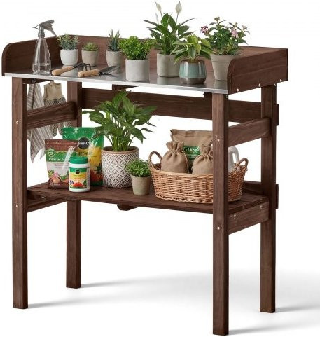 VEVOR Gartenwerkbank aus Tannenholz mit Ablageflächen und Haken, Brown, B/T/H: 78 x 38 x 82 cm - Bild 1