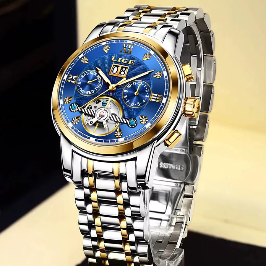 Lige Armbanduhr Automatik, Edelstahl, Blau, Herren - Bild 3