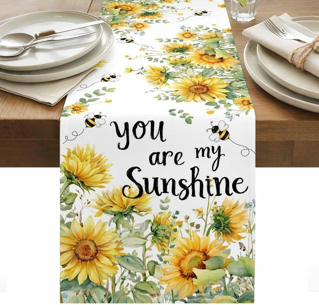 JINGYUE Pet Tischläufer aus Leinen mit gelben Sonnenblumen und grünen Blättern, B/H: 150 x 33 cm - Bild 1