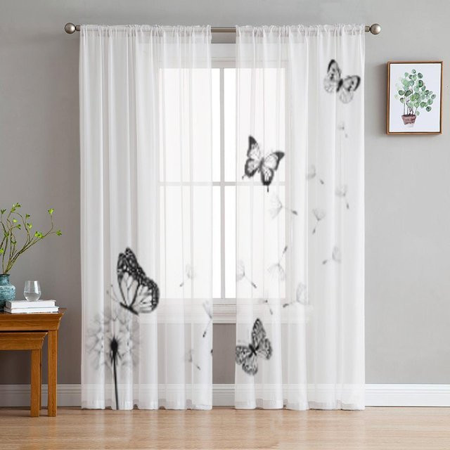 Super Six Transparentes Tüll-Fenstervorhang mit Löwenzahn-Silhouette und Schmetterlingen, Weiß, Breite: 135 cm, Höhe: 160 cm - Bild 1