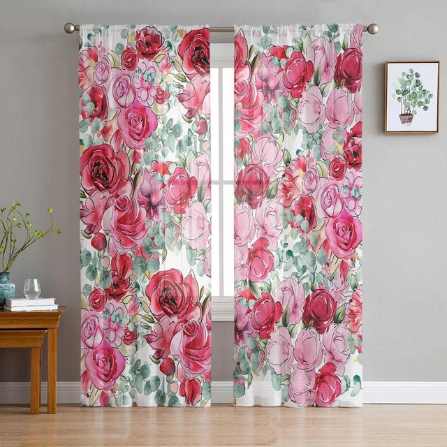 A Family Of Home Textiles Transparente Tüll-Vorhänge Rosa mit Blumenmuster, 2er-Set, Breite: 135 cm, Höhe: 183 cm - Bild 1