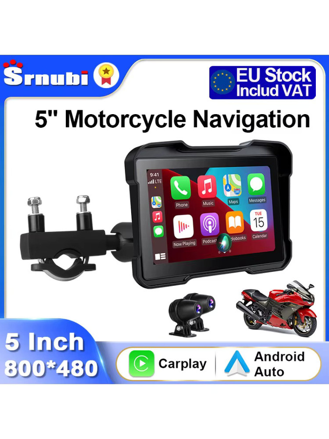 Srnubi 5-Zoll Motorrad-DVR-Navigation mit kabellosem CarPlay und Android Auto, IPX7 wasserdichtes Display in Schwarz - Bild 4